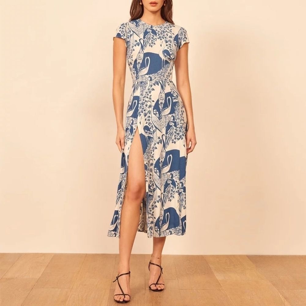 Blue & White Floral Short Sleeve Cut Out Midi Slit Dress Size Medium